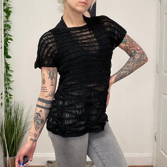 Chico's Oversize Crochet Knit Sweater Short Sleeve Size 2 Black - Picture 11 of 13